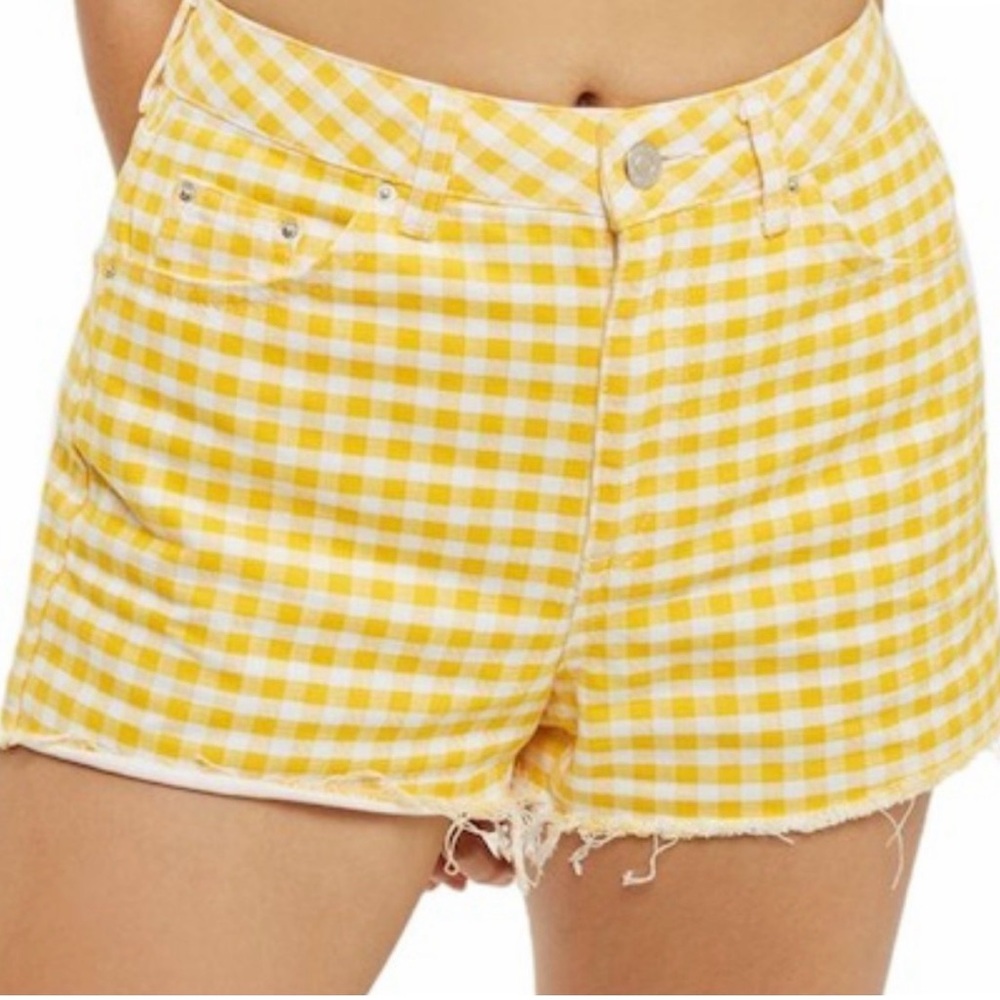 Topshop Moto Denim Mom Shorts Frayed Checkered Yellow Gingham Size US 10 EUC